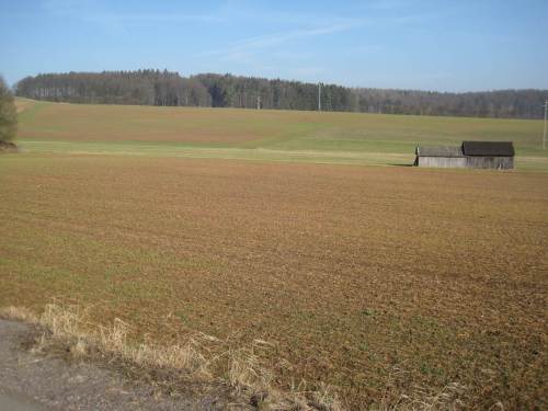 Hinter dem Tunnel - Blick in weite Agrar-Einöde. Farben durch Buntsandstein, wachsende und durch Spätfrost tote Ackerpflanzen.