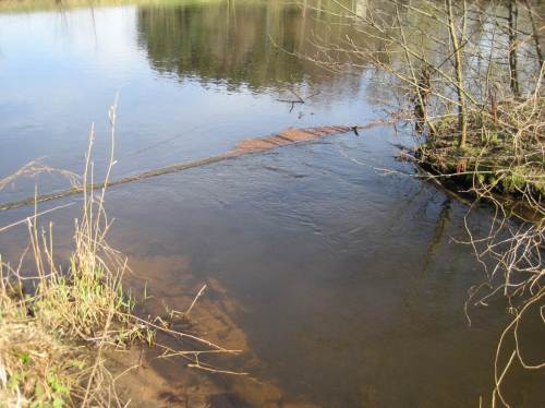 Der Wassereintritt in den Fischpass mit Schwimmstoffabweiser. Überbreit gebaut werden im Vordergrund die "Sandfang-Folgen" in Ansätzen deutlich. Baggern bringt da keine Lösung.
