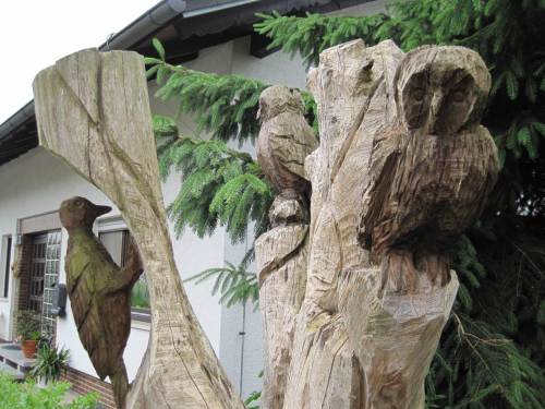 Holzfiguren typischer Vögel dieser Gegend - Anwohner identifizieren sich.