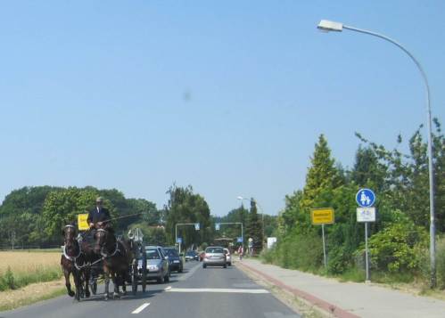Kleiner Verkehrsstau in Bendestorf - Hochzeits- und Heidekutsche (voraus) begegneten sich.