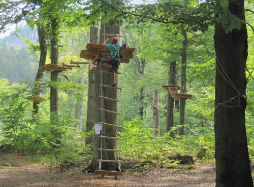 Am Ende der Wanderung, der Parkplatz ist nah, gehen wir am Baumwipfel-Kletterpfad vorbei.