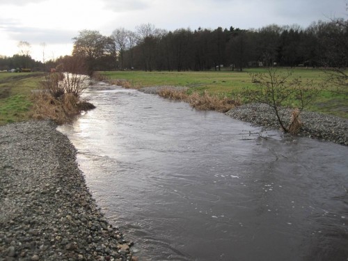 Blick Wehr-aufwärts, der Kieseinbau wirkt strömungslenkend wie geplant, das Hochwasser läuft problemlos darüber.
