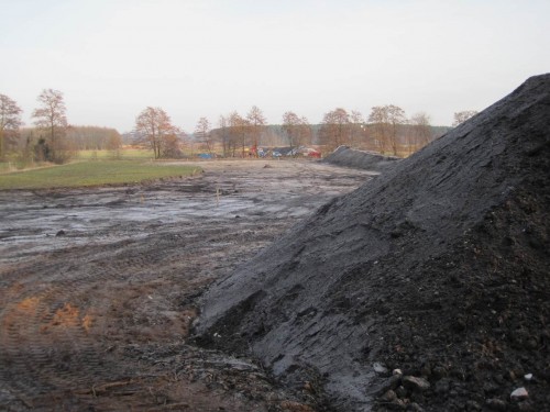 Der ca. 2 dm hohe Oberboden ist in der Arbeitstrasse entfernt und deichähnlich aufgeschichtet.