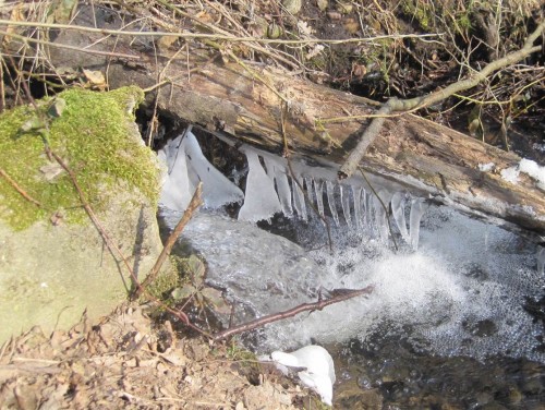 Ende März - und Eiswinter, Rekord! Am Rohrabsturz lange Eiszapfen. 