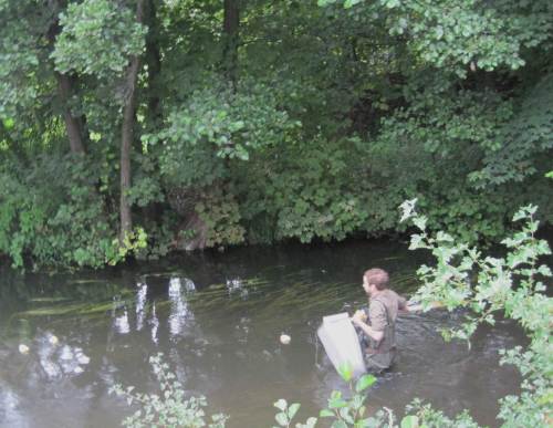 Herr Brehm als Entenretter an der Ziellinie.