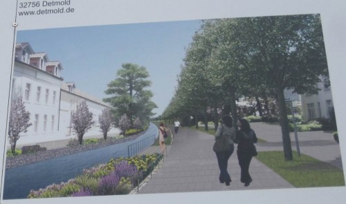 Wir erschrecken bei näherem Betrachten des Plakats: massenhaft Versiegelung, Kunstgärtnerei und viel Sonne bei eher wenig Bäumen. Sollen die Gewässerorganismen im Sommer gekocht werden?