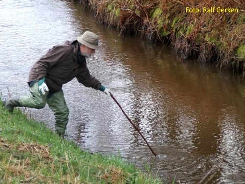 Erstmal ein paar Wellen schlagen - nein, nachsehen, ob die Gewässersohle für den Einsatz von "Hölzchen und Stöckchen" geeignet ist.