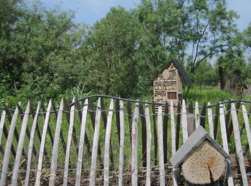 Insektenhotels, Totholz, Gebüsch und Wald beleben das Umfeld.