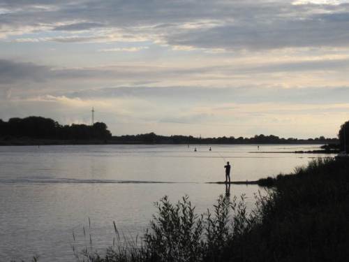 Das fängt ja gut an, Lauenburger Elbe-Abend mit Angler auf einer Buhne. Die Rute ist krumm.