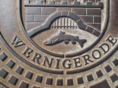 Überall in Wernigerode stolpert man geradezu über das Wappentier, die Bachforelle. Fast jeden Gully-Deckel, hier im Bild ein Ausschnitt, ziert sie.