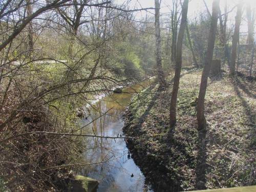 In dieser Kurve stellt sich die Düpenau noch als lebensfeindlicher, restaurierungswürdiger Sandkanal dar.