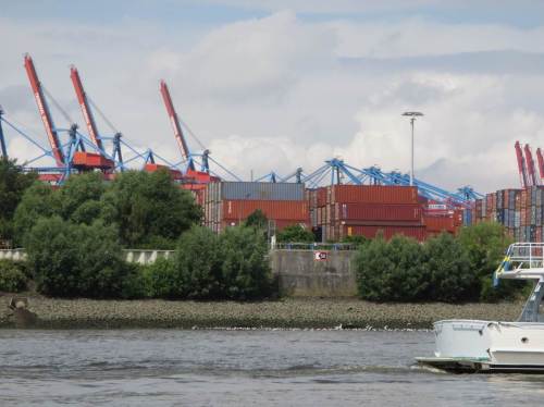 Hier mündet einer der größten westdeutschen Nebenflüsse in die Elbe - das weitergehend gereinigte Abwasser der Stadt Hamburg. Möwenschwärme kennzeichnen den Auslauf.