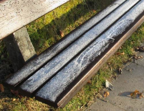 Rauer Belag auf den Bänken am Elbwanderweg.