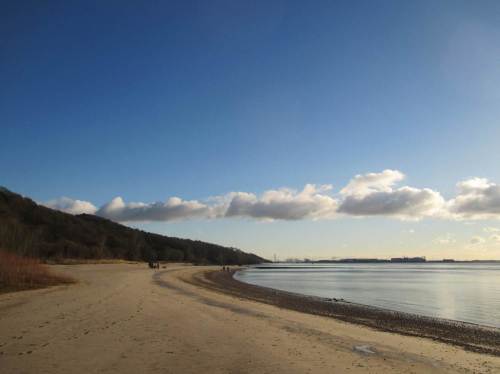 Morgendlicher Strand Wittenbergen mit Kieslage - ein Traum. Der Elbhang hält den scharfen Frostwind von uns fern.