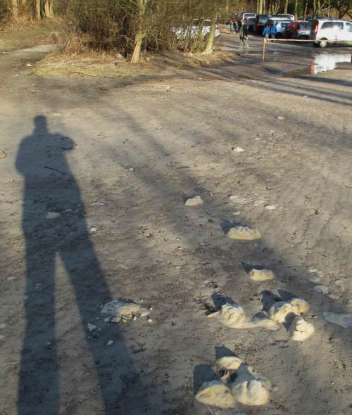 Abgang. Der Parkplatz ist nun voller - "Der frühe Vogel fängt den Wurm." Gefriergetrockneter Schaum von der vorigen Flut markiert unseren Rückweg.