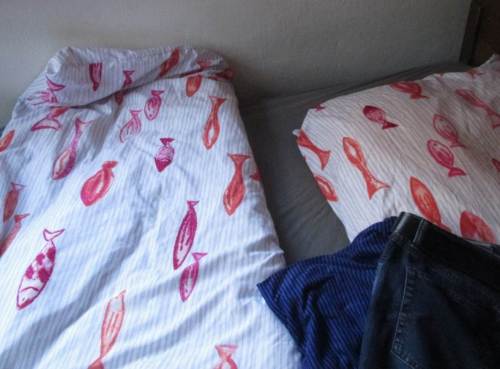 Schnell noch das Zimmer belegen und umziehen - Fisch-Bezug, genau das Richtige für den Gewässer- und Fischereibiologen.