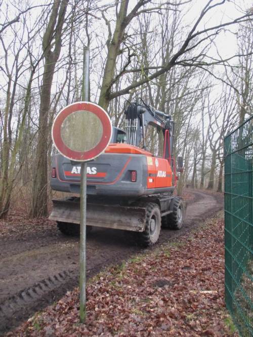 Ein Radbagger auf dem Weg zur Mühlenau. Sein Ketten-Kollege ist noch mit Baumschnitt beschäftigt - Ende Februar ist näher, als mancher denkt.