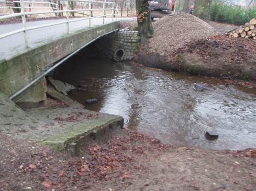 Brückensituation mit erheblichem Nutzungsdruck - Menschen und Hunde führen neben "dem Harten" zu erheblicher Erosion "des Weichen". Kies soll etwas Entlastung bringen.